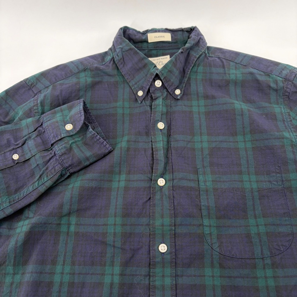 J Crew Mens M Classic Secret Wash Button Down Shirt Black Watch Plaid Navy Green